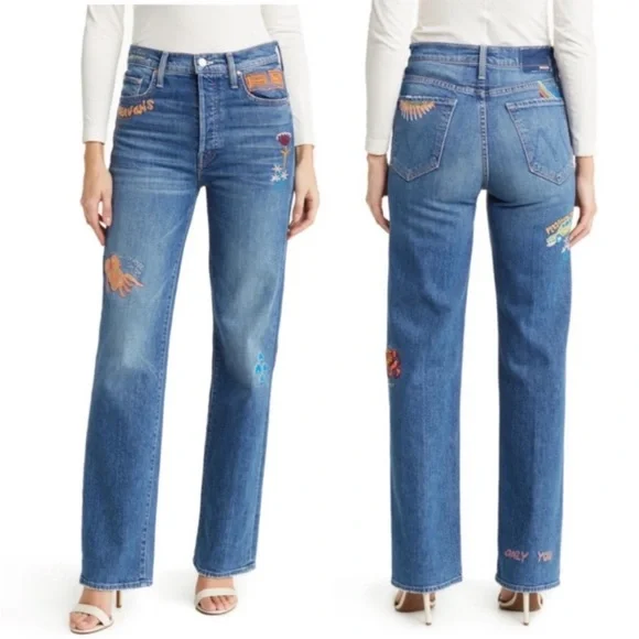 NWT MOTHER The Rambler Sneak Embroidered Straight Leg Jeans Bohemian Boho 24